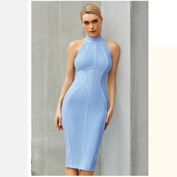 NEW! DESIGNER COUTURE LIGHT BLUE HALTER BANDAGE DRESS HIGH NECK TAILORED DRESS - Picture 2 of 11